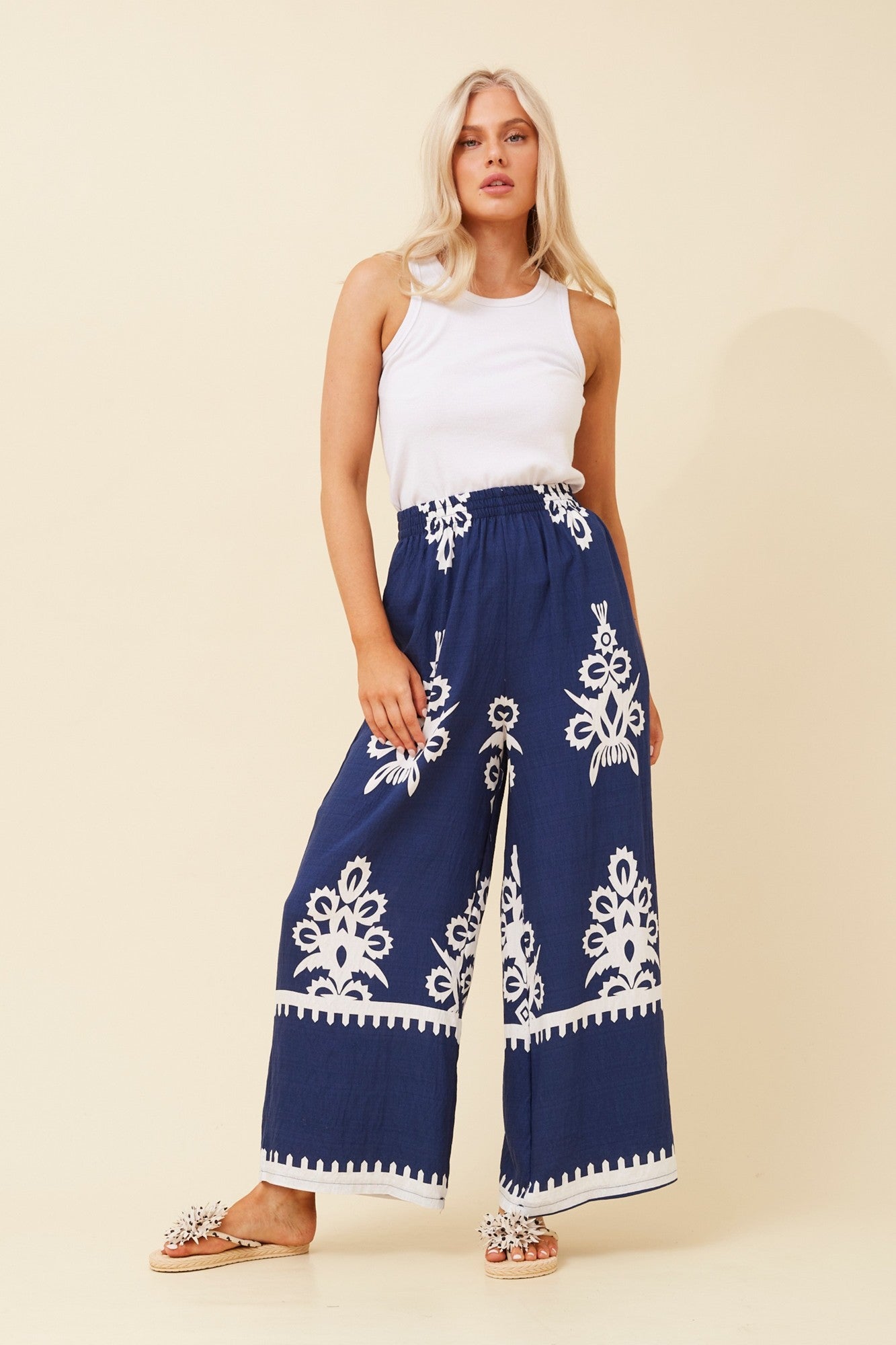 ANCA BORDER PRINT WIDE LEG PANTS (Navy)