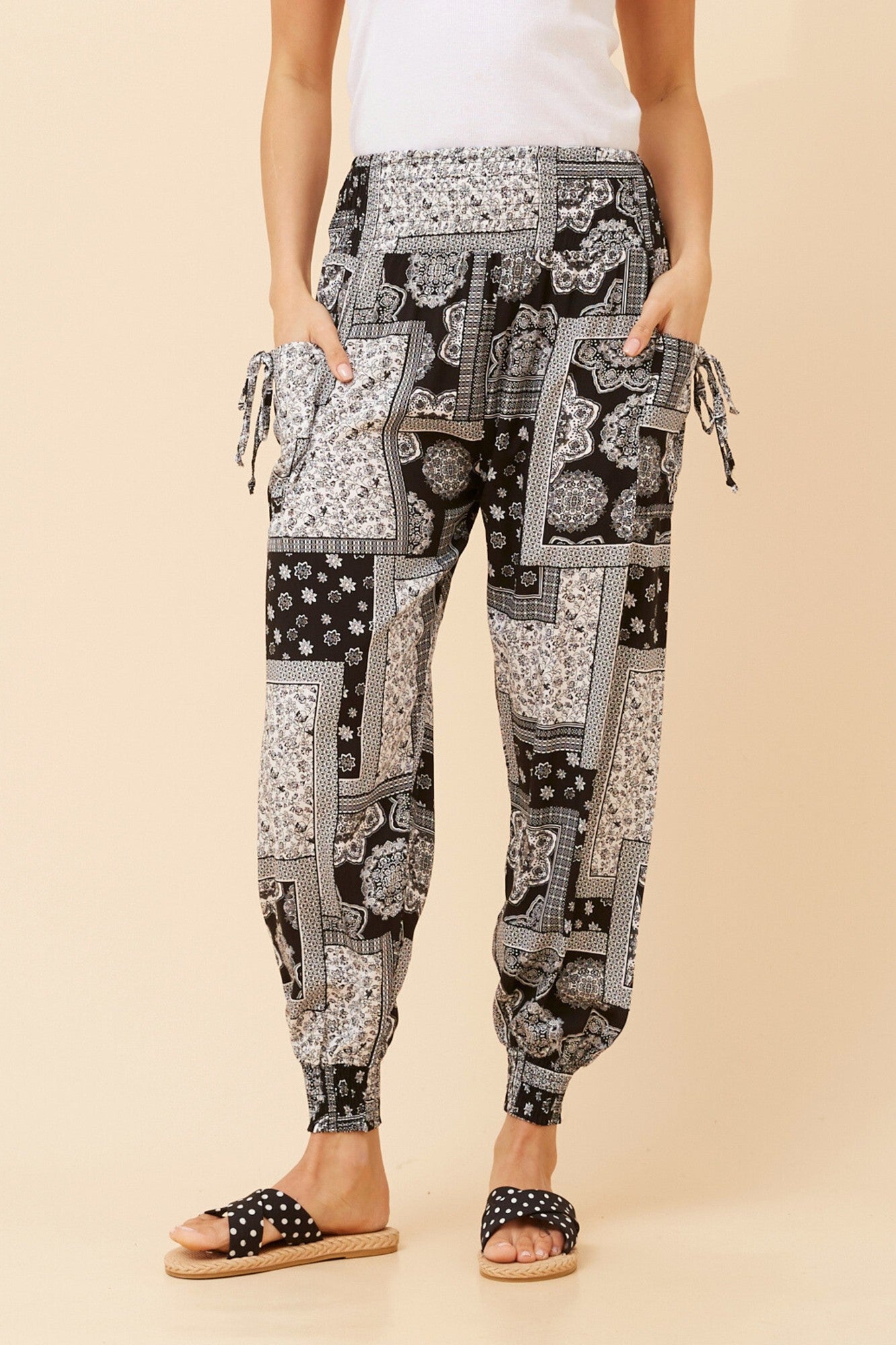 PATCHWORK PRINT HAREM PANTS (Black And White)