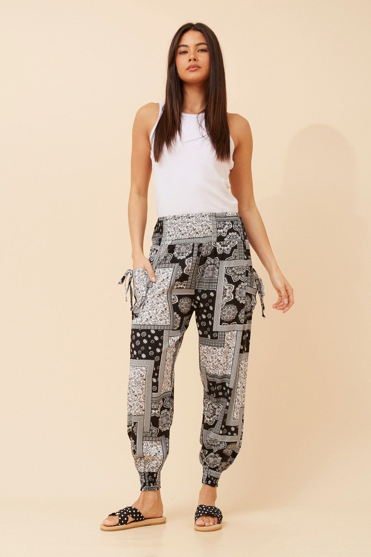 PATCHWORK PRINT HAREM PANTS (Black And White)