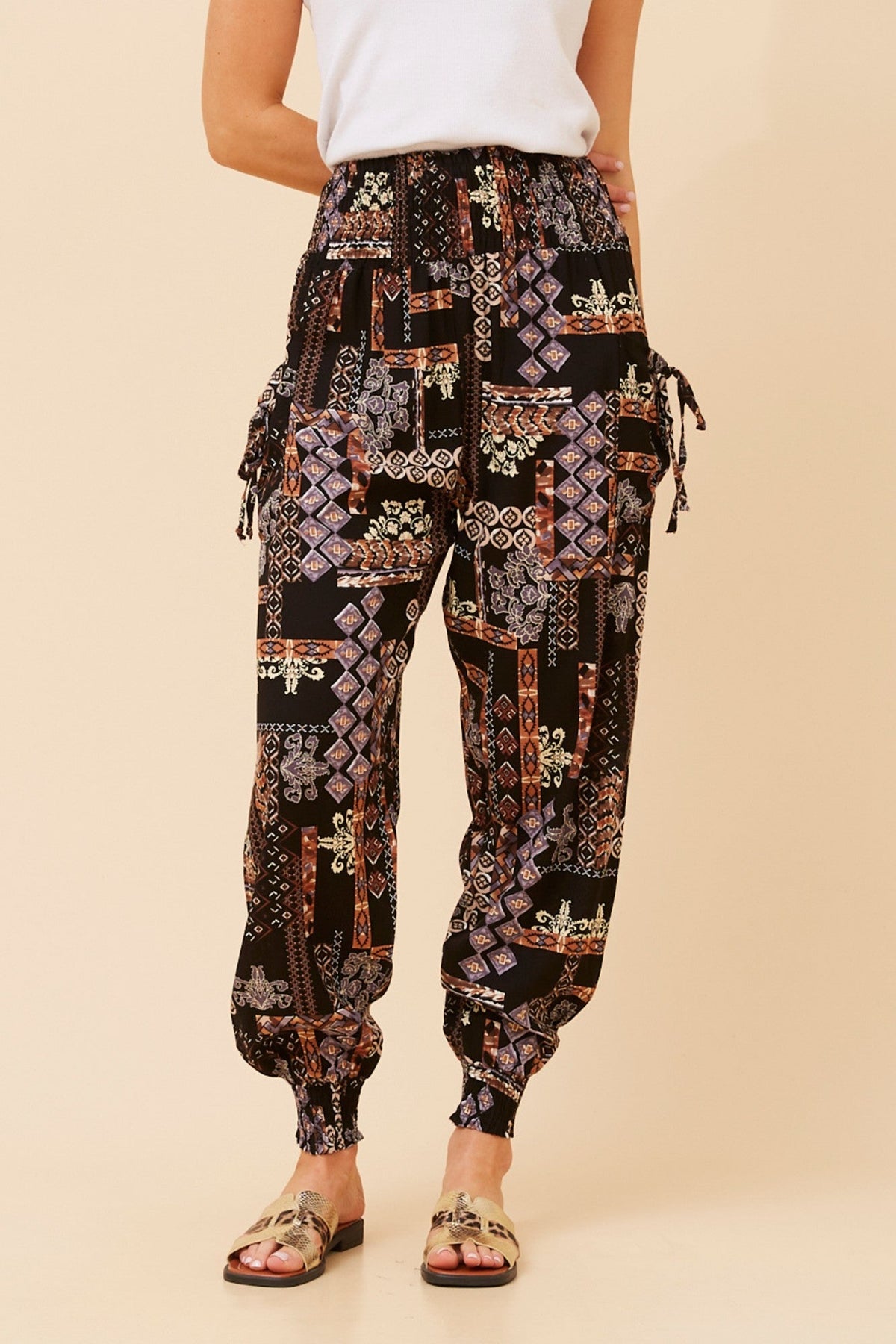 PATCHWORK PRINT HAREM PANTS (Multi Black)