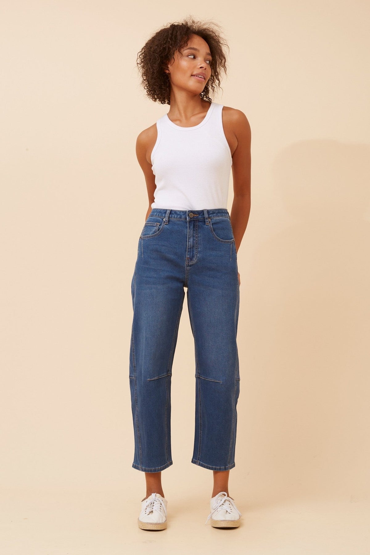 Image of Jeans. Product name - MECONI DENIM BARREL PANTS in Mid Denim colour by brand - INFINITY DENIM