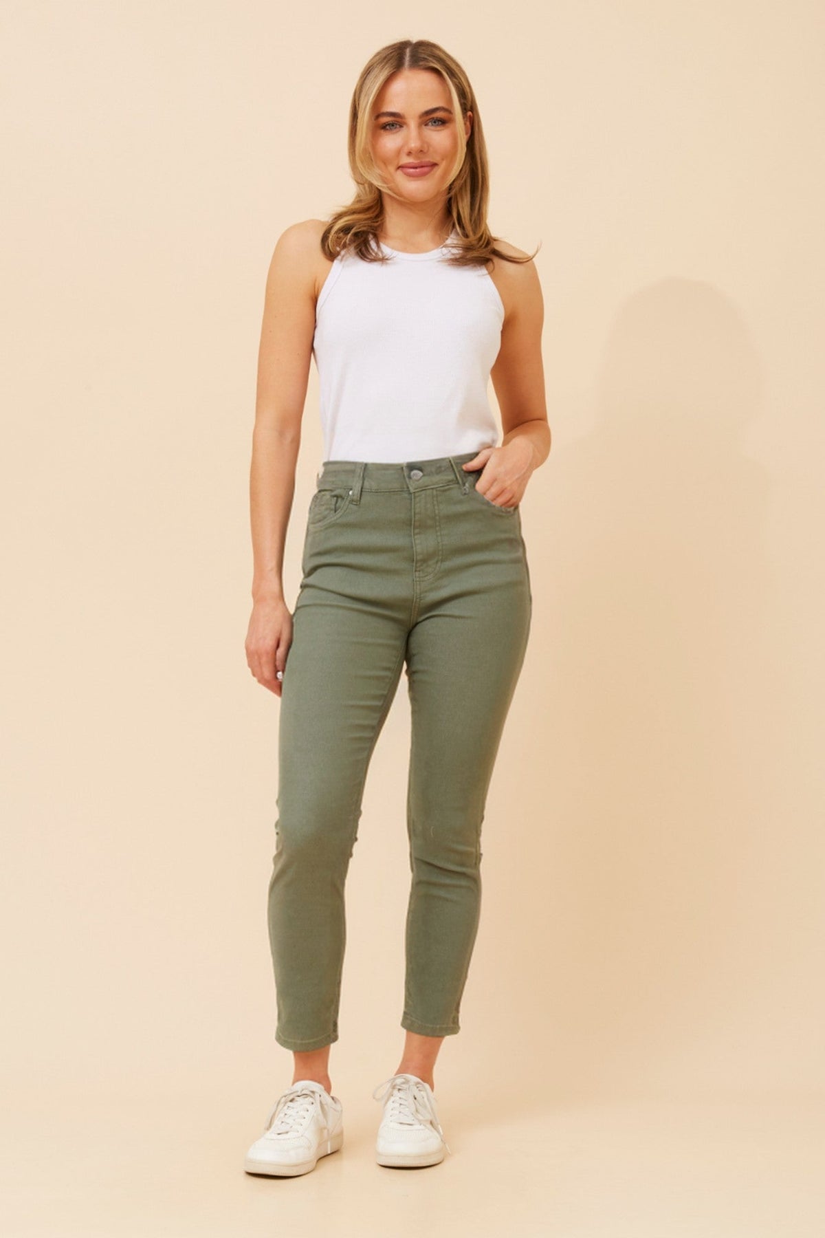 Image of Jeans. Product name - MALEA SOLID DENIM LONG PANTS in Khaki colour by brand - INFINITY DENIM