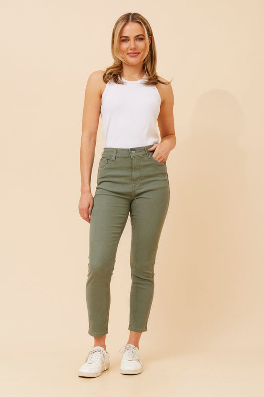 Image of Jeans. Product name - MALEA SOLID DENIM LONG PANTS in Khaki colour by brand - INFINITY DENIM