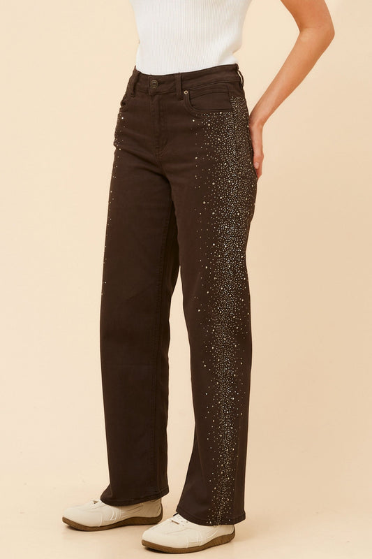 Image of Jeans. Product name - MICOLE DIAMANTE DENIM PANTS in Chocolate colour by brand - INFINITY DENIM