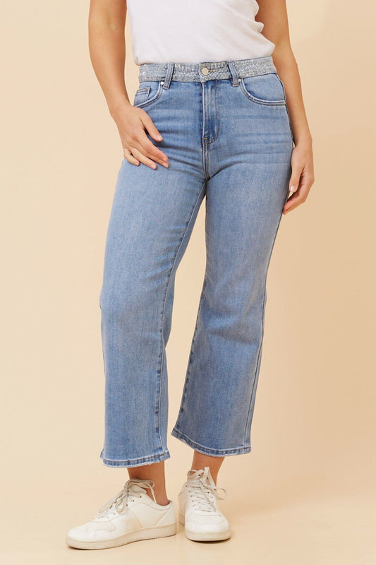 Image of Jeans. Product name - FABIANA DIAMANTE DENIM PANTS in Light Denim colour by brand - INFINITY DENIM