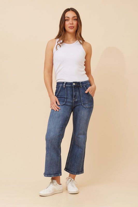 Image of Jeans. Product name - EROICA BOOT CUT DENIM PANTS in Dark Denim colour by brand - INFINITY DENIM