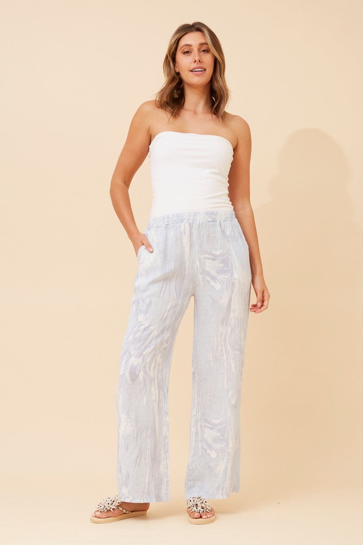 FALLAN FLORAL LINEN PANTS (Light Blue)