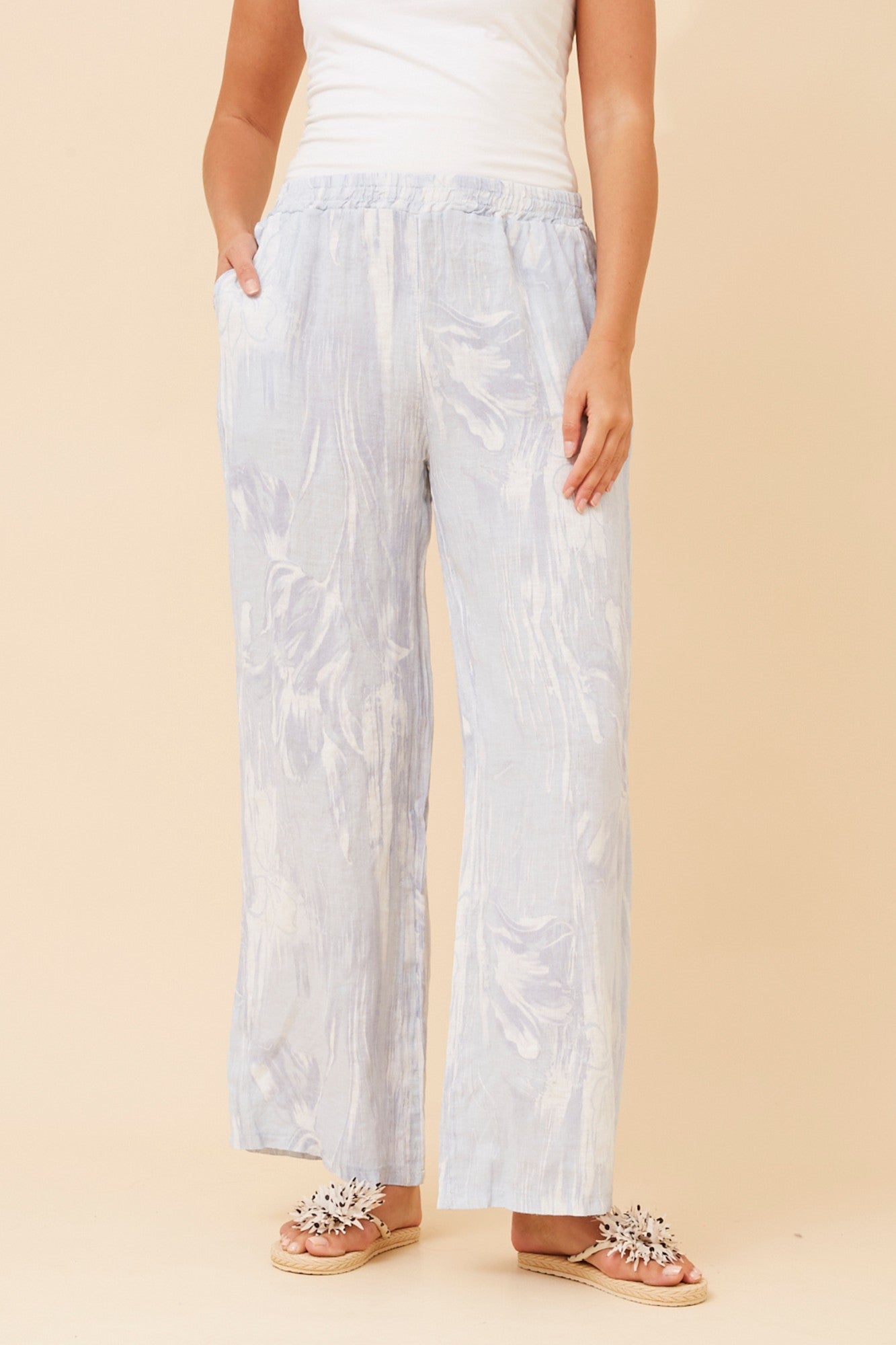 FALLAN FLORAL LINEN PANTS (Light Blue)