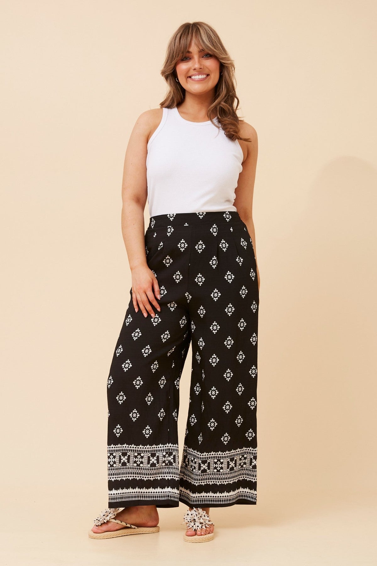 LOXANA BORDER PRINT WIDE LEG PANTS (Black/White)