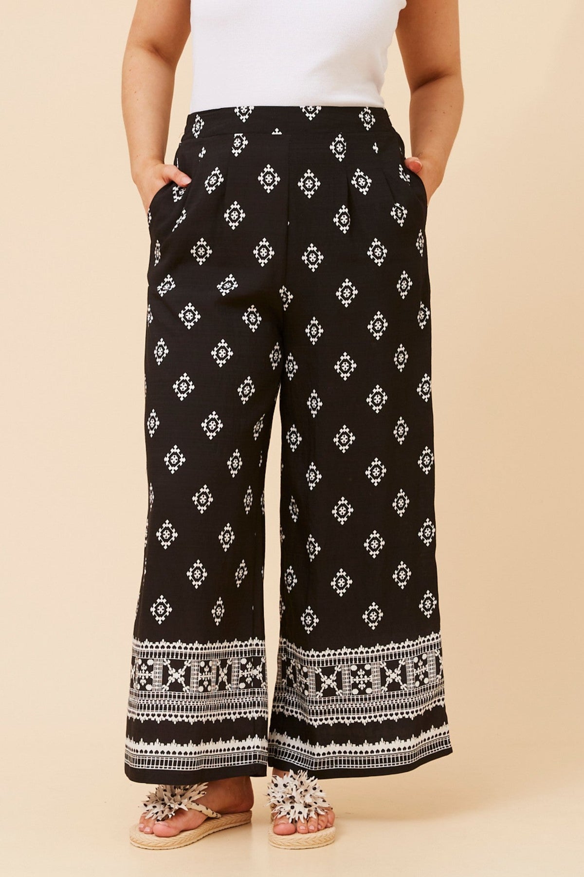 LOXANA BORDER PRINT WIDE LEG PANTS (Black/White)