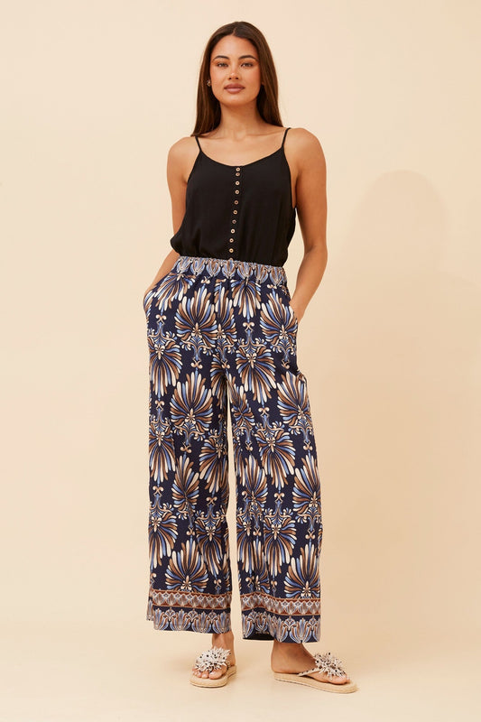 LAVERNE ABSTRACT PRINT WIDE LEG PANTS (Khaki)