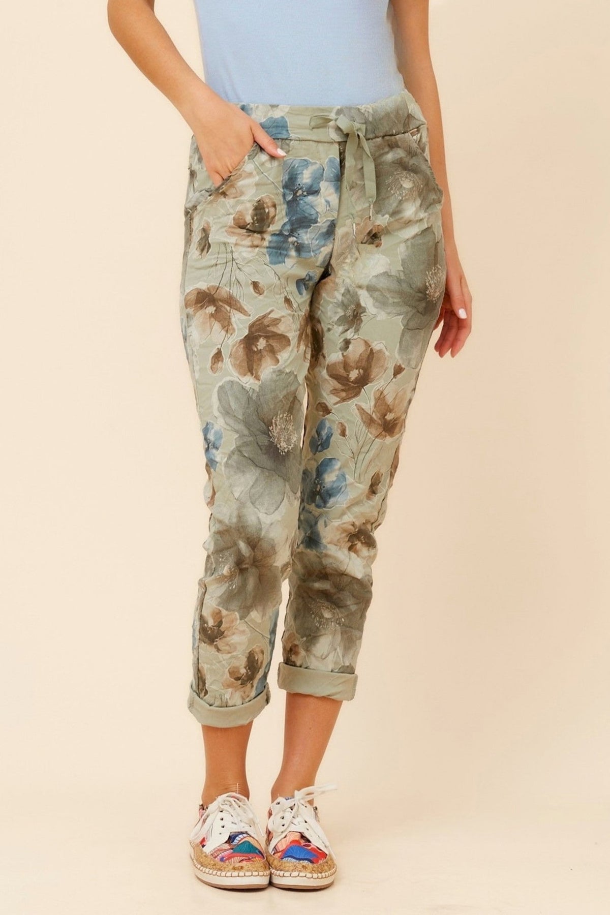 BOTTEGA MODA JANJA FLORAL LINEN JOGGER PANTS (Sage)