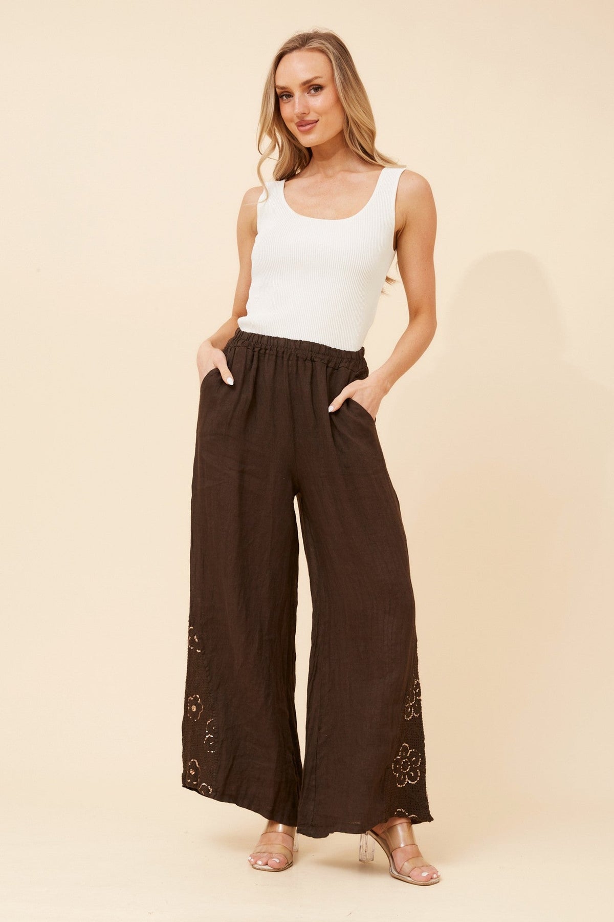 WALTER LINEN WIDE LEG PANTS (Chocolate)