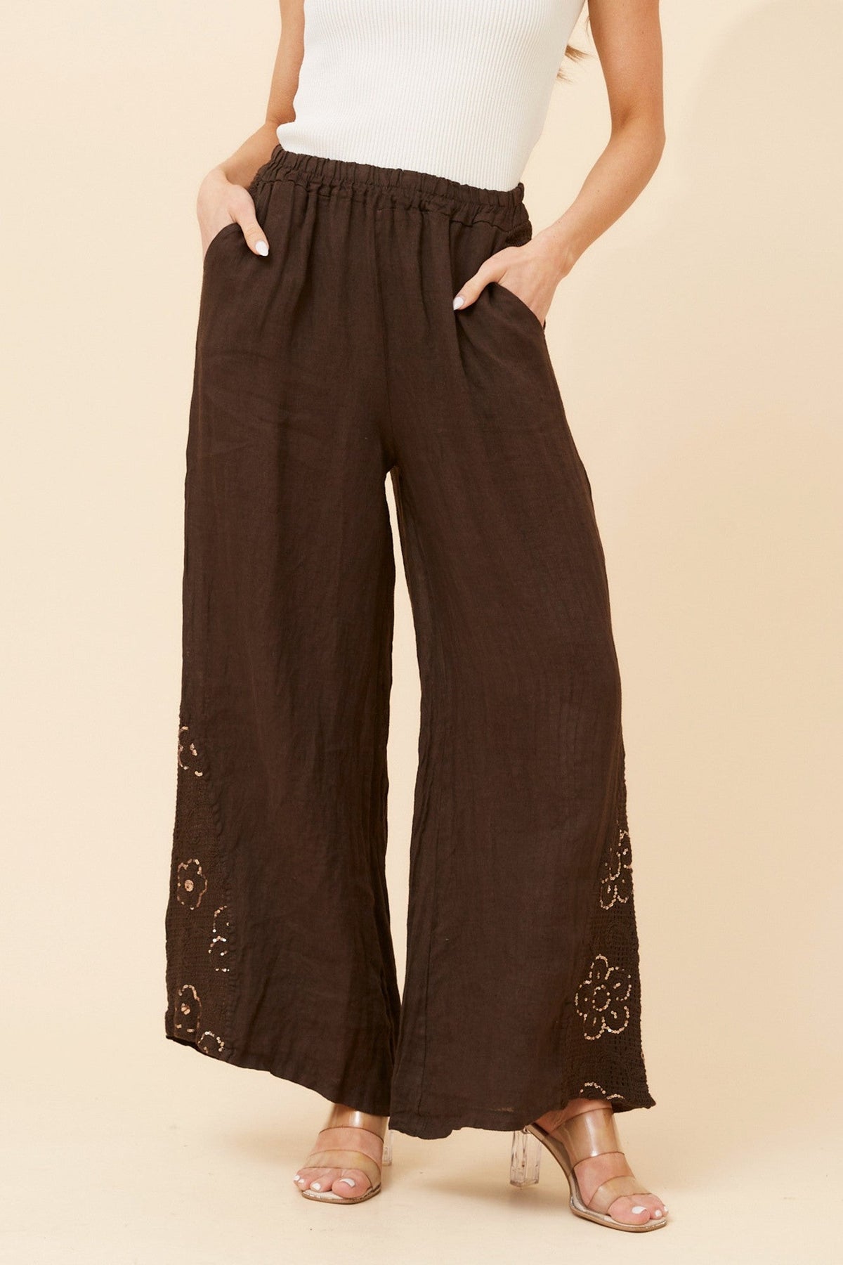 WALTER LINEN WIDE LEG PANTS (Chocolate)