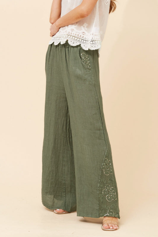 BOTTEGA MODA WALTER LINEN WIDE LEG PANTS (Khaki)