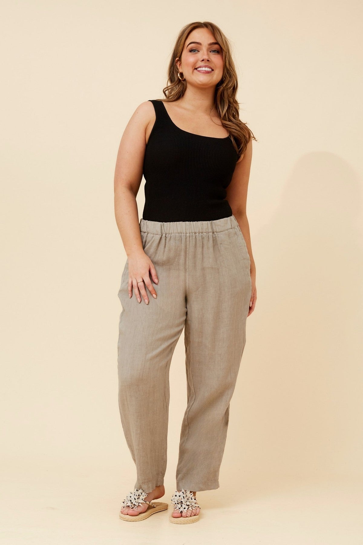 BOTTEGA MODA JOURNEE SOLID LINEN PANTS (Fango)