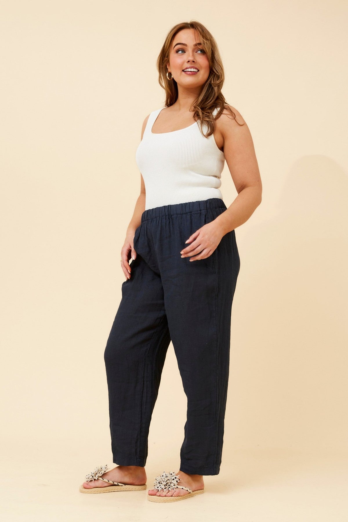 BOTTEGA MODA JOURNEE SOLID LINEN PANTS (Navy)