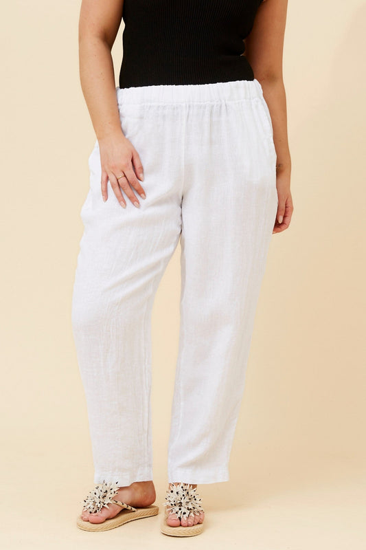 Image of a model wearing Pants. Product name - JOURNEE SOLID LINEN PANTS in White colour by brand - BOTTEGA MODA