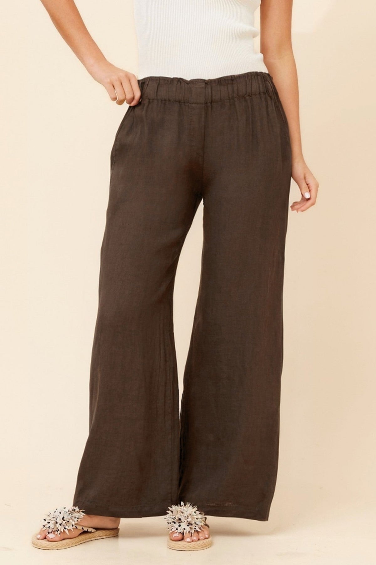BOTTEGA MODA OSANNA WIDE LEG LINEN PANTS (Chocolate)