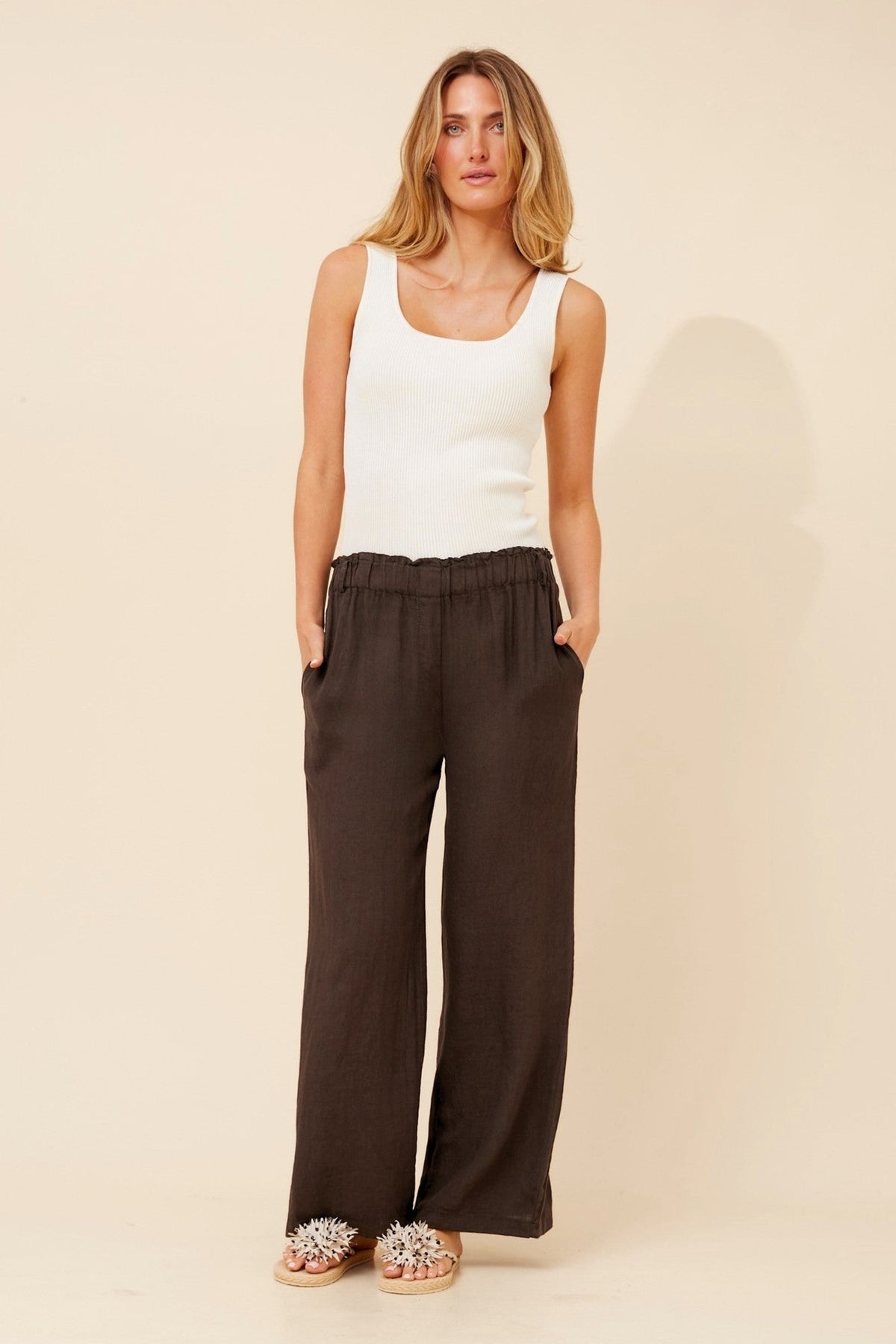 BOTTEGA MODA OSANNA WIDE LEG LINEN PANTS (Chocolate)