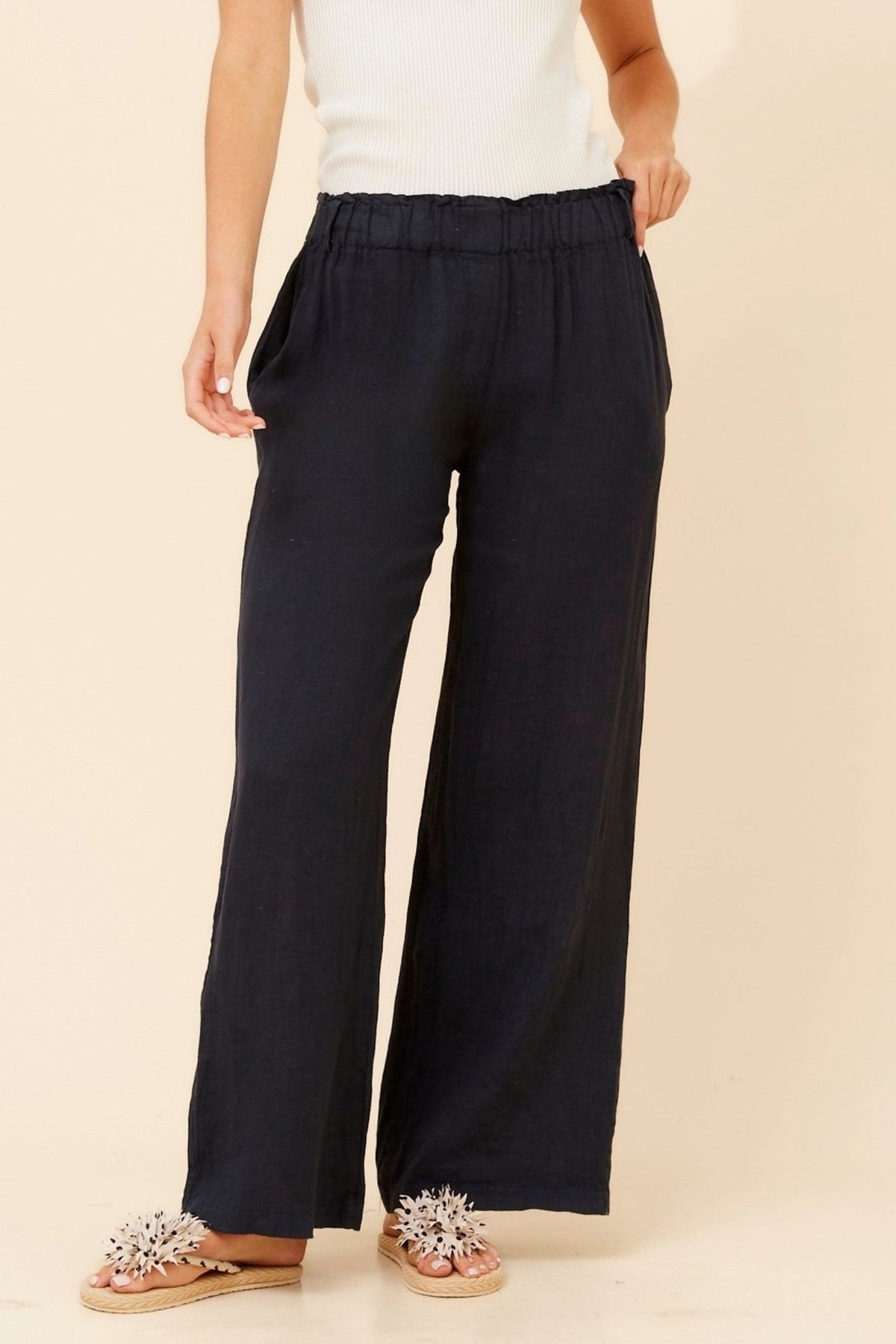 BOTTEGA MODA OSANNA WIDE LEG LINEN PANTS (Navy)