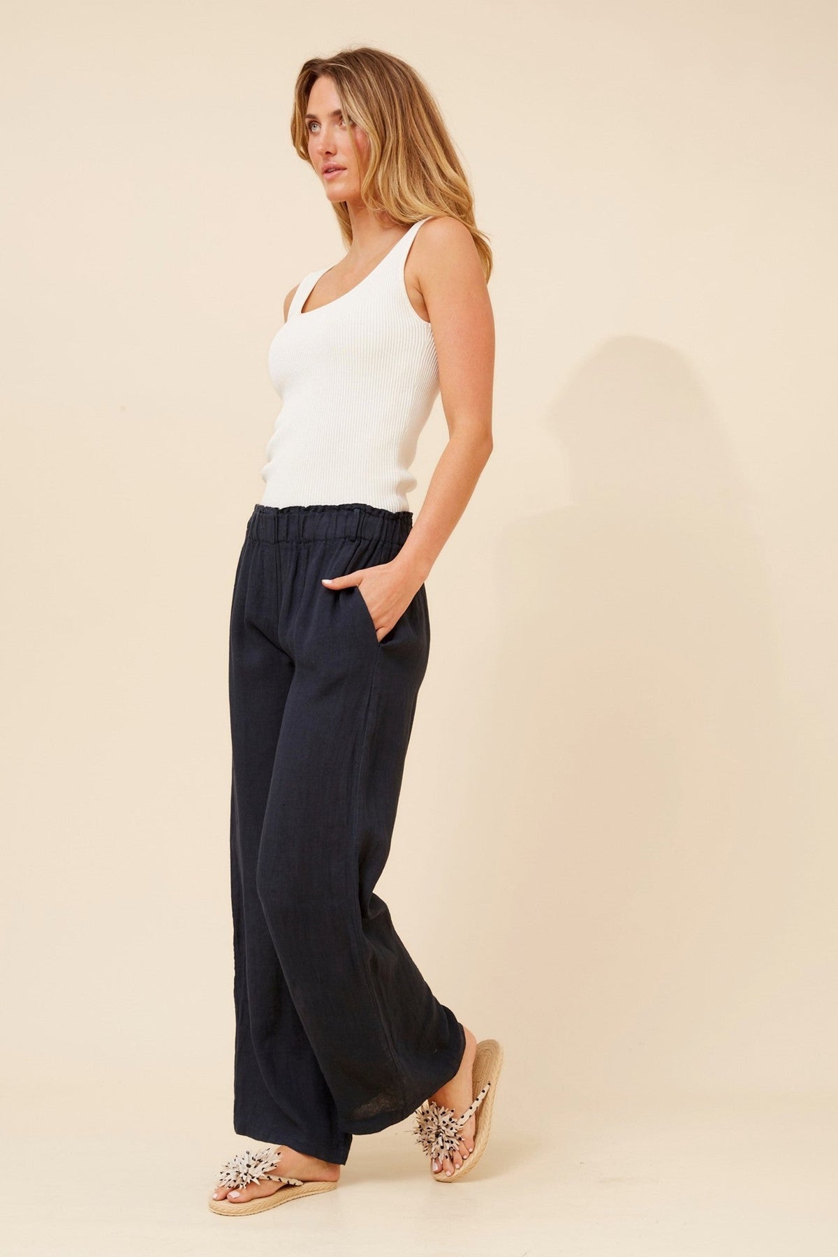BOTTEGA MODA OSANNA WIDE LEG LINEN PANTS (Navy)