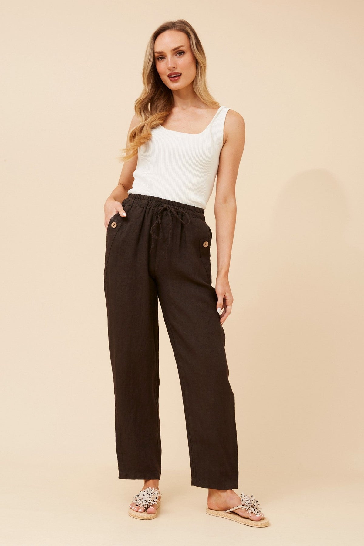 BOTTEGA MODA AMIR SOLID LINEN PANTS (Chocolate)