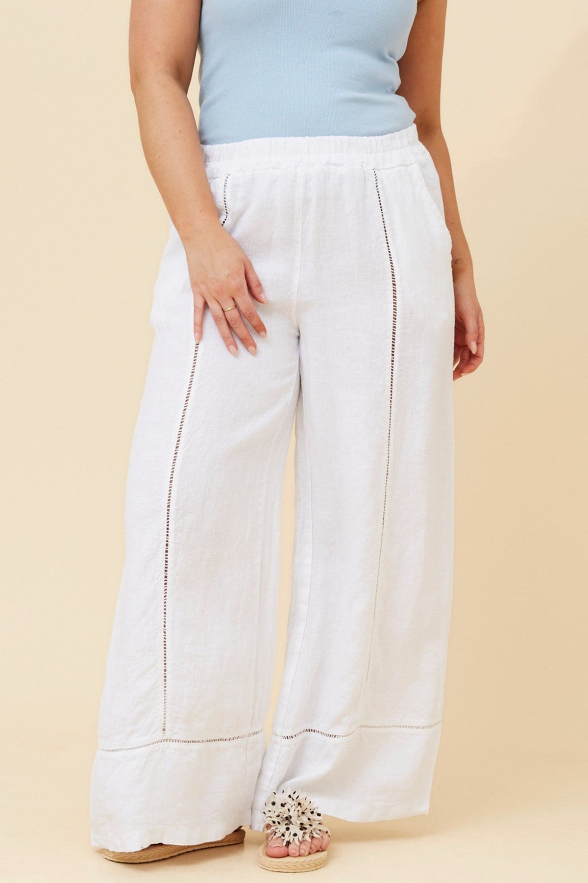 Image of a model wearing Pants. Product name - TEODORA LINEN WIDE LEG PANTS in White colour by brand - BOTTEGA MODA