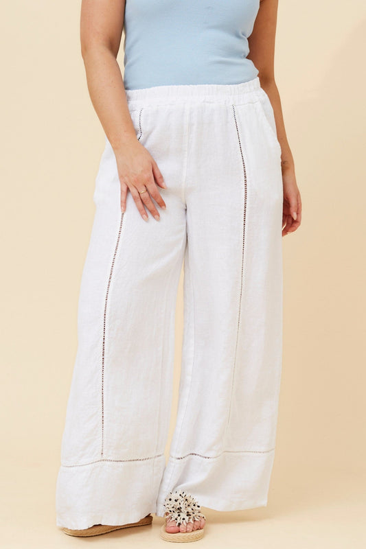 Image of a model wearing Pants. Product name - TEODORA LINEN WIDE LEG PANTS in White colour by brand - BOTTEGA MODA