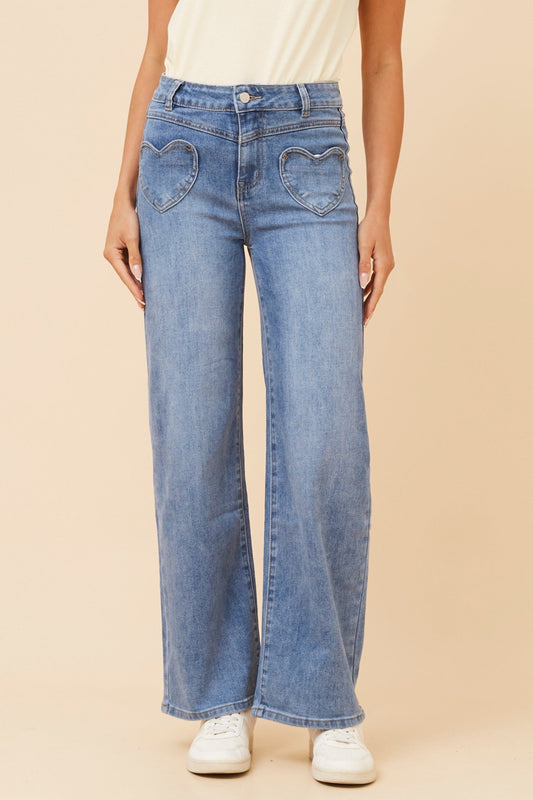 Image of a model wearing Pants. Product name - KELILAH WIDE LEG PANTS in Blue colour by brand - INFINITY DENIM