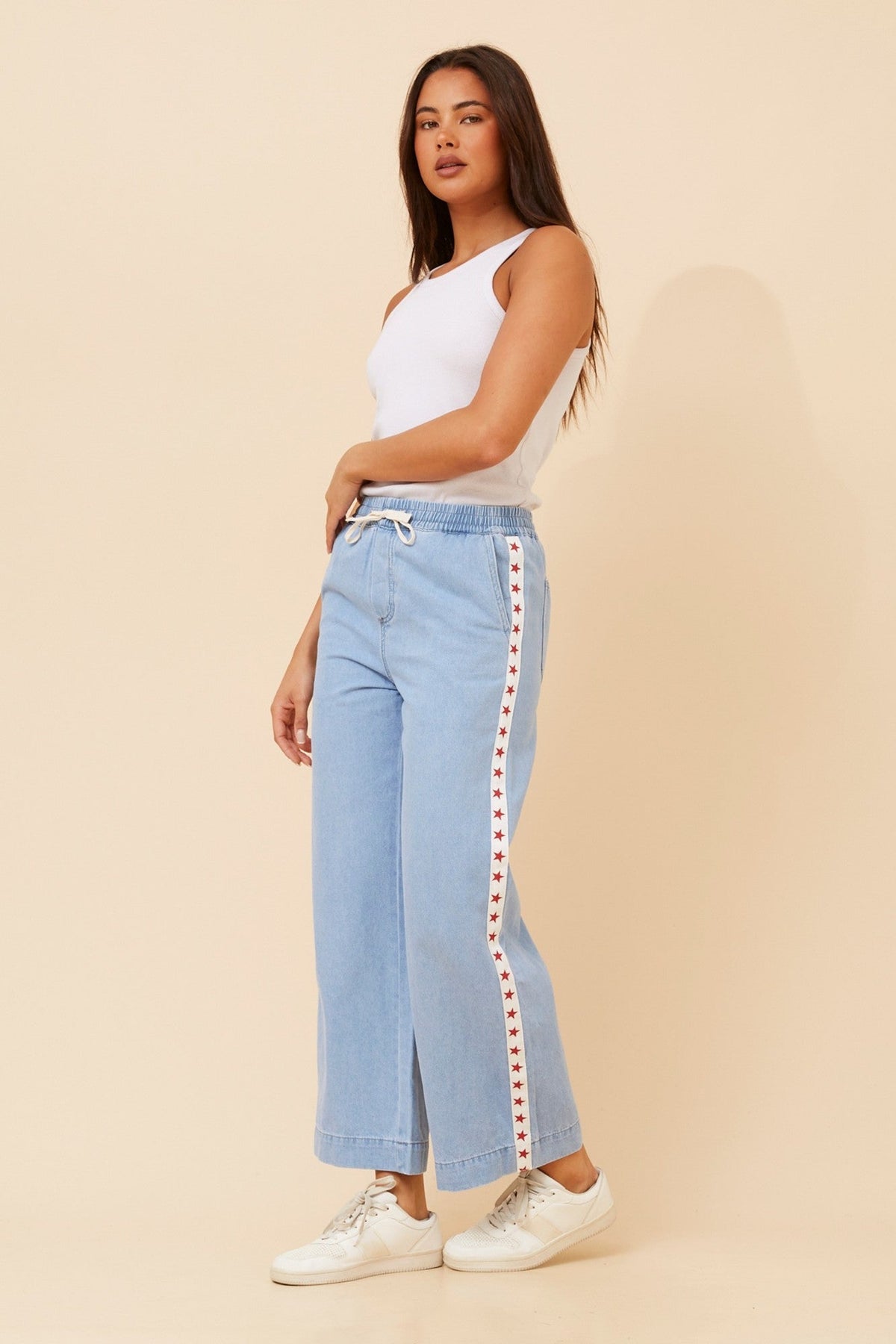 Image of Jeans. Product name - DOLORES STAR STRIPE DENIM PANTS in Light Denim colour by brand - INFINITY DENIM