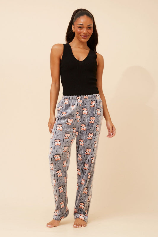 Image of a model wearing Pants. Product name - LEE ANIMAL PRINT PYJAMA PANTS in Charcoal colour by brand - Caroline Morgan Australia