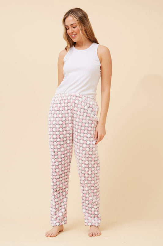 Image of a model wearing Pants. Product name - LEE POLKA DOT PRINT PYJAMA PANTS in Pink colour by brand - Caroline Morgan Australia