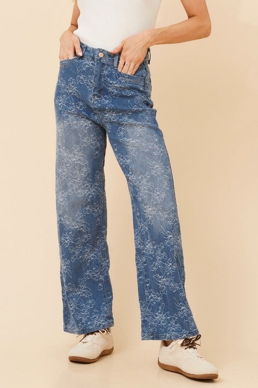 IZUMI FLORAL WIDE LEG PANTS (Mid Denim)
