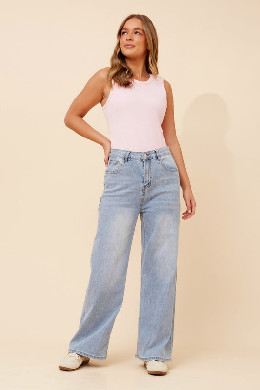 Image of Jeans. Product name - URENA WIDE-LEG DENIM PANTS in Light Denim colour by brand - Caroline Morgan Australia