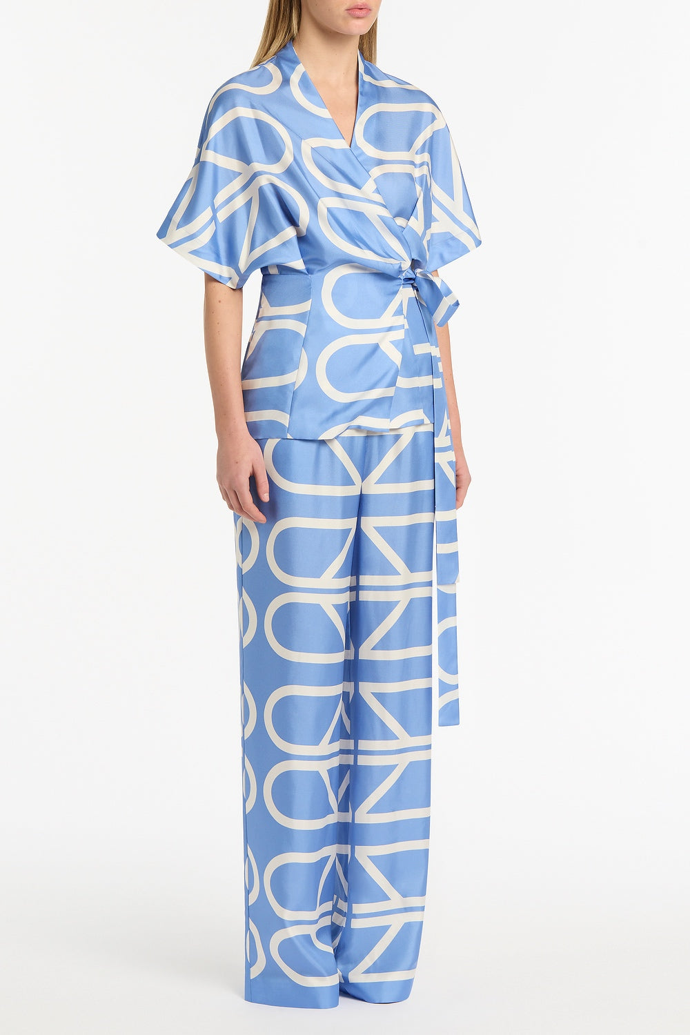 Carla Zampatti Pacific And Ivory Grid Silk Relaxed Wrap Top (Blue)