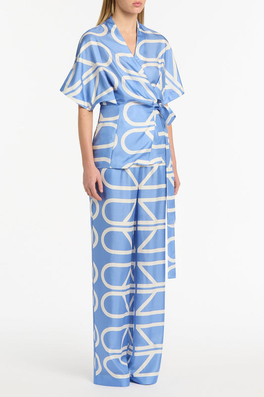 Carla Zampatti Pacific And Ivory Grid Silk Relaxed Wrap Top (Blue)