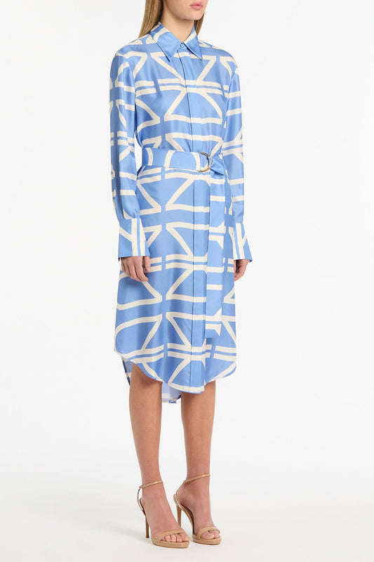 Carla Zampatti Pacific And Ivory Grid Silk Twill Relaxed Shirt Dress (Blue)
