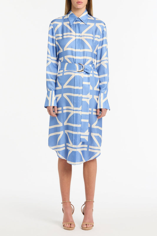 Image of Dresses. Product name - Pacific Blue And Ivory Grid Silk Twill Relaxed Shirt Dress in Blue colour by brand - Carla Zampatti