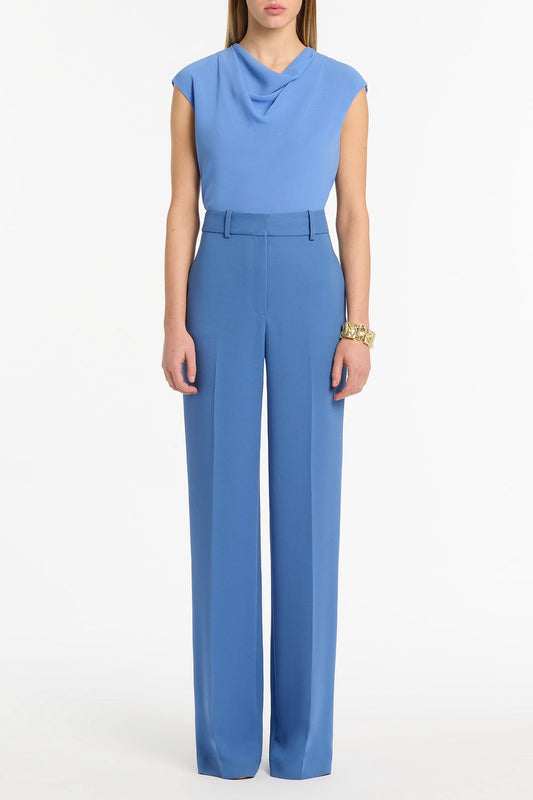 Image of a model wearing Tops. Product name - Pacific Blue Georgette Cap Sleeve Cowl Top in Blue colour by brand - Carla Zampatti
