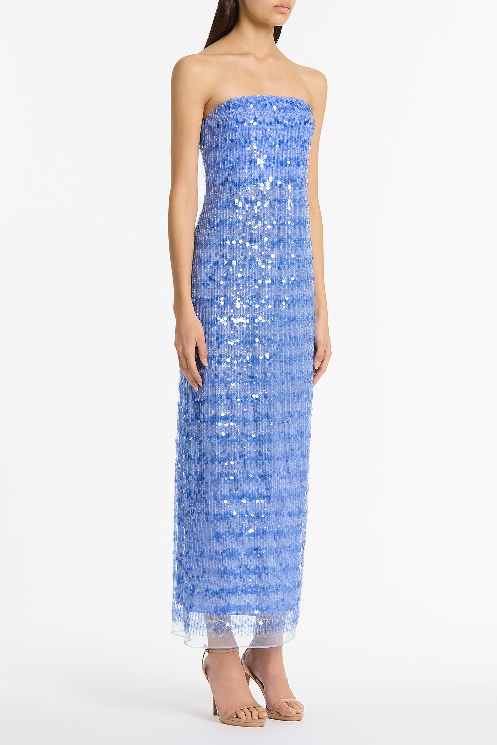 Carla Zampatti Pacific Linear Sequin Strapless Gown (Blue)