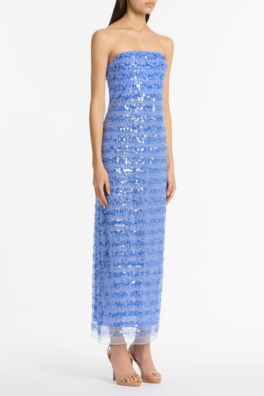 Carla Zampatti Pacific Linear Sequin Strapless Gown (Blue)