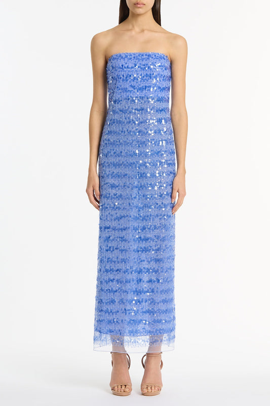 Image of Dresses. Product name - Pacific Blue Linear Sequin Strapless Gown in Blue colour by brand - Carla Zampatti
