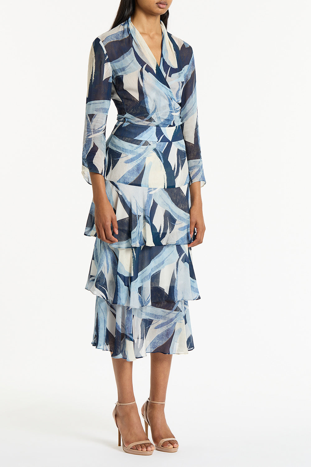 Carla Zampatti Painted Floral Georgette Tiered Skirt (Blue)