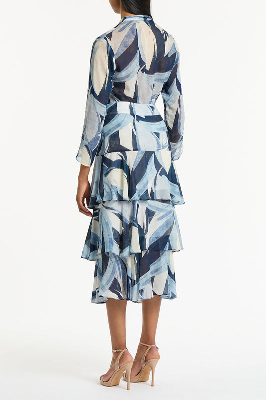 Carla Zampatti Painted Floral Georgette Tiered Skirt (Blue)