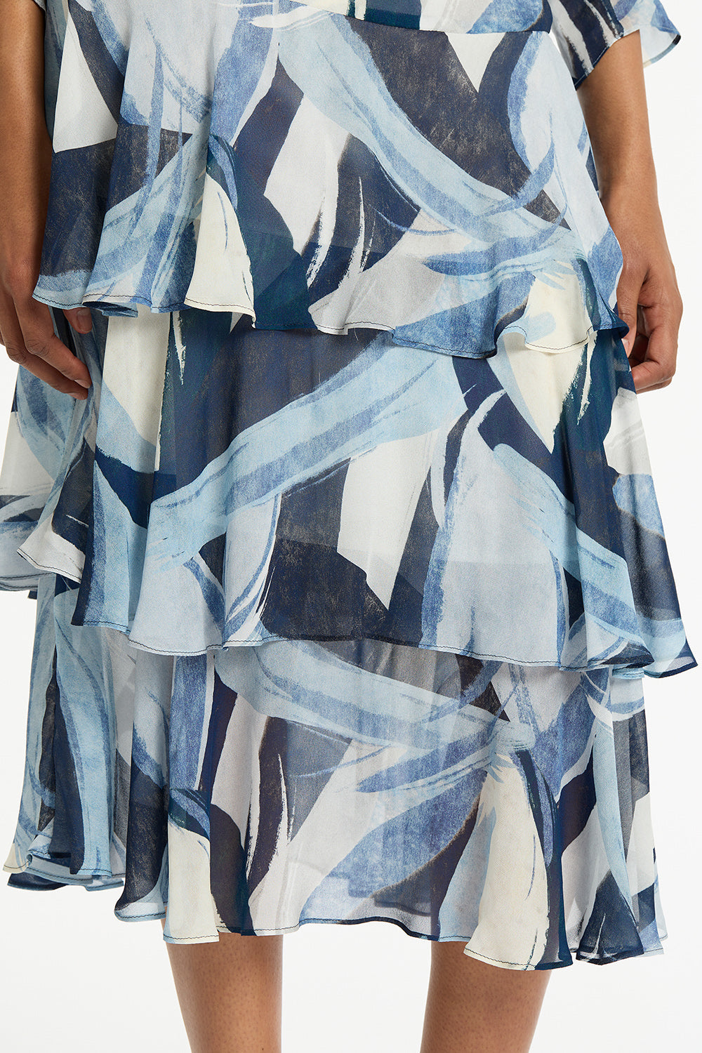 Carla Zampatti Painted Floral Georgette Tiered Skirt (Blue)