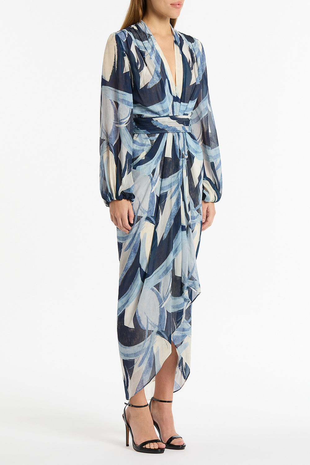 Carla Zampatti Painted Floral Georgette Waterfall Dress (Blue)