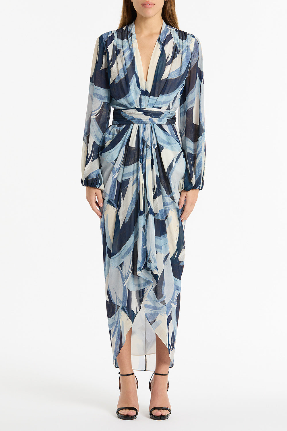 Image of Dresses. Product name - Painted Floral Georgette Waterfall Dress in Blue colour by brand - Carla Zampatti