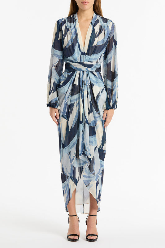 Image of Dresses. Product name - Painted Floral Georgette Waterfall Dress in Blue colour by brand - Carla Zampatti