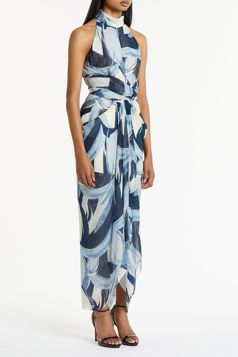 Carla Zampatti Painted Floral Georgette Wrap Dress (Blue)